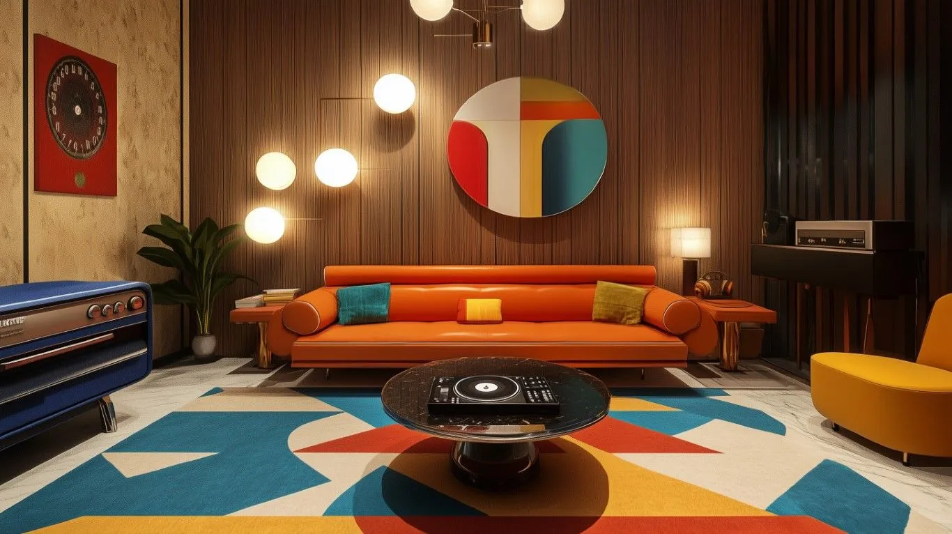 Retro living room with orange sofa, blue chair, geometric rug, wood-paneled walls, and round wall art